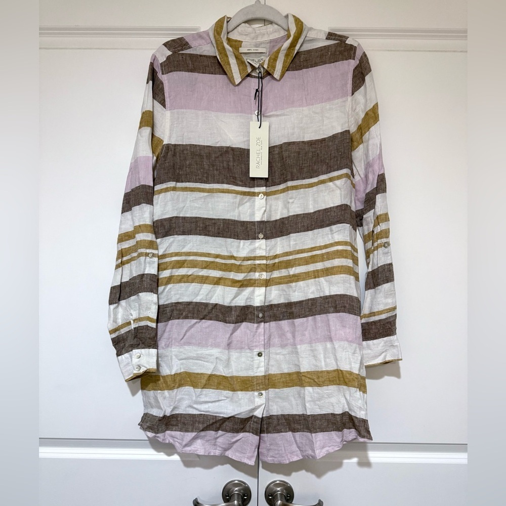 NWT Rachel Zoe 💯% Linen Striped Button Duster Tunic in Lavender & Brown